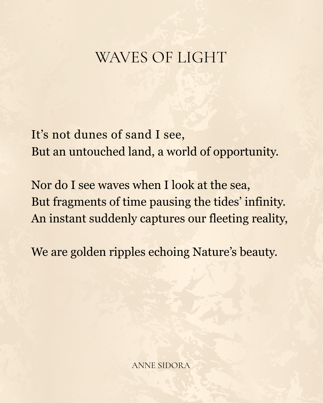 Text poem titled 'Waves of Light' by Anne Sidora on a textured beige background