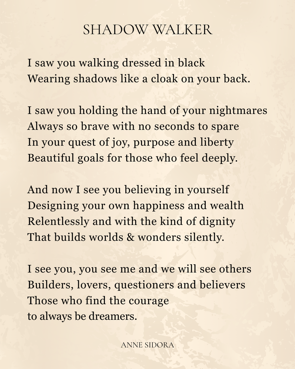Text poem titled 'Shadow Walker' by Anne Sidora on a textured beige background