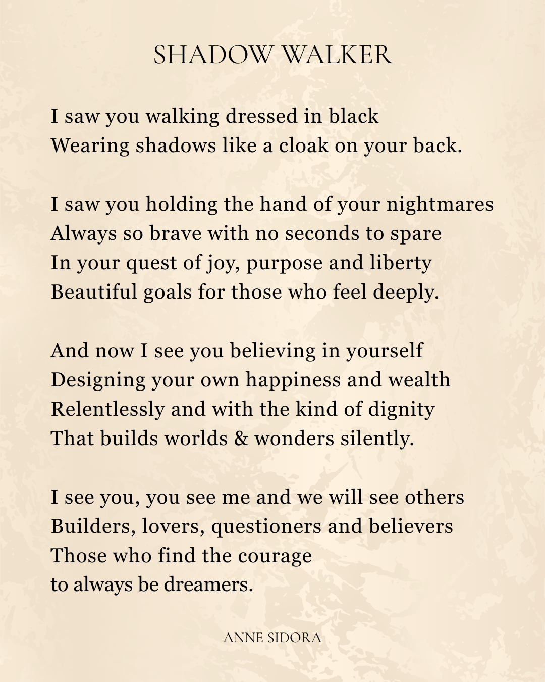 Text poem titled 'Shadow Walker' by Anne Sidora on a textured beige background