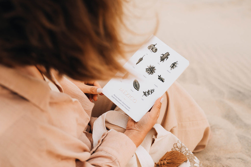 person holding a notebook with the ingredients of Mexico