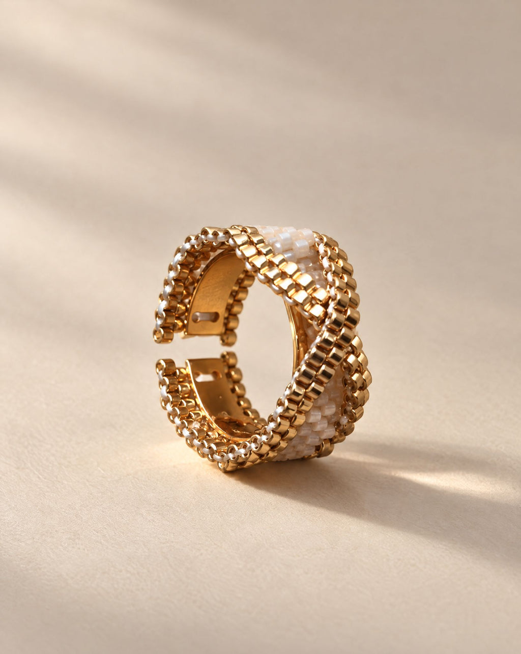 Brizna Beige Ring side view with adjustable gold plated band, minimalist handmade beaded ring by Anne Sidora