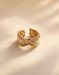 Brizna Beige Ring, handwoven beige Miyuki bead ring with two crossing gold threads, Life's Garden collection by Anne Sidora Poetry Atelier