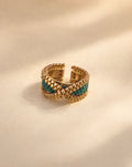 Brizna Green Ring, handwoven green Miyuki bead ring with two crossing gold threads, Life's Garden collection by Anne Sidora Poetry Atelier