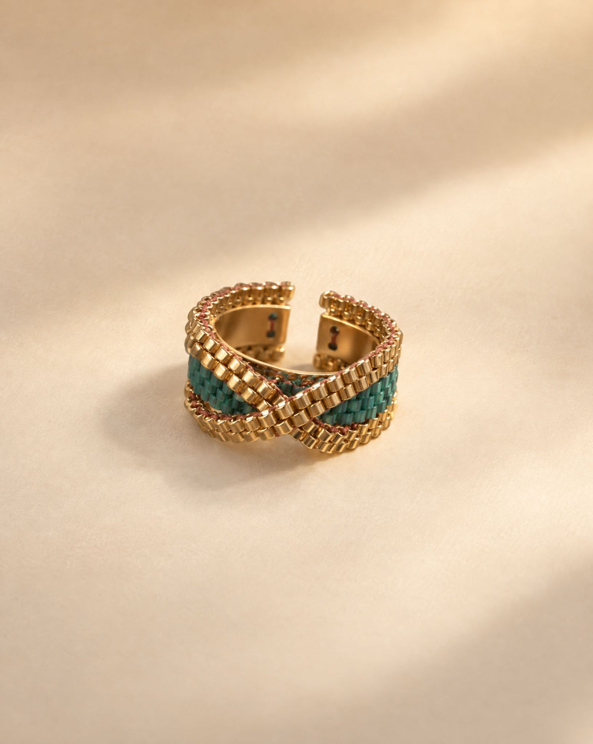Brizna Green Ring, handwoven green Miyuki bead ring with two crossing gold threads, Life's Garden collection by Anne Sidora Poetry Atelier