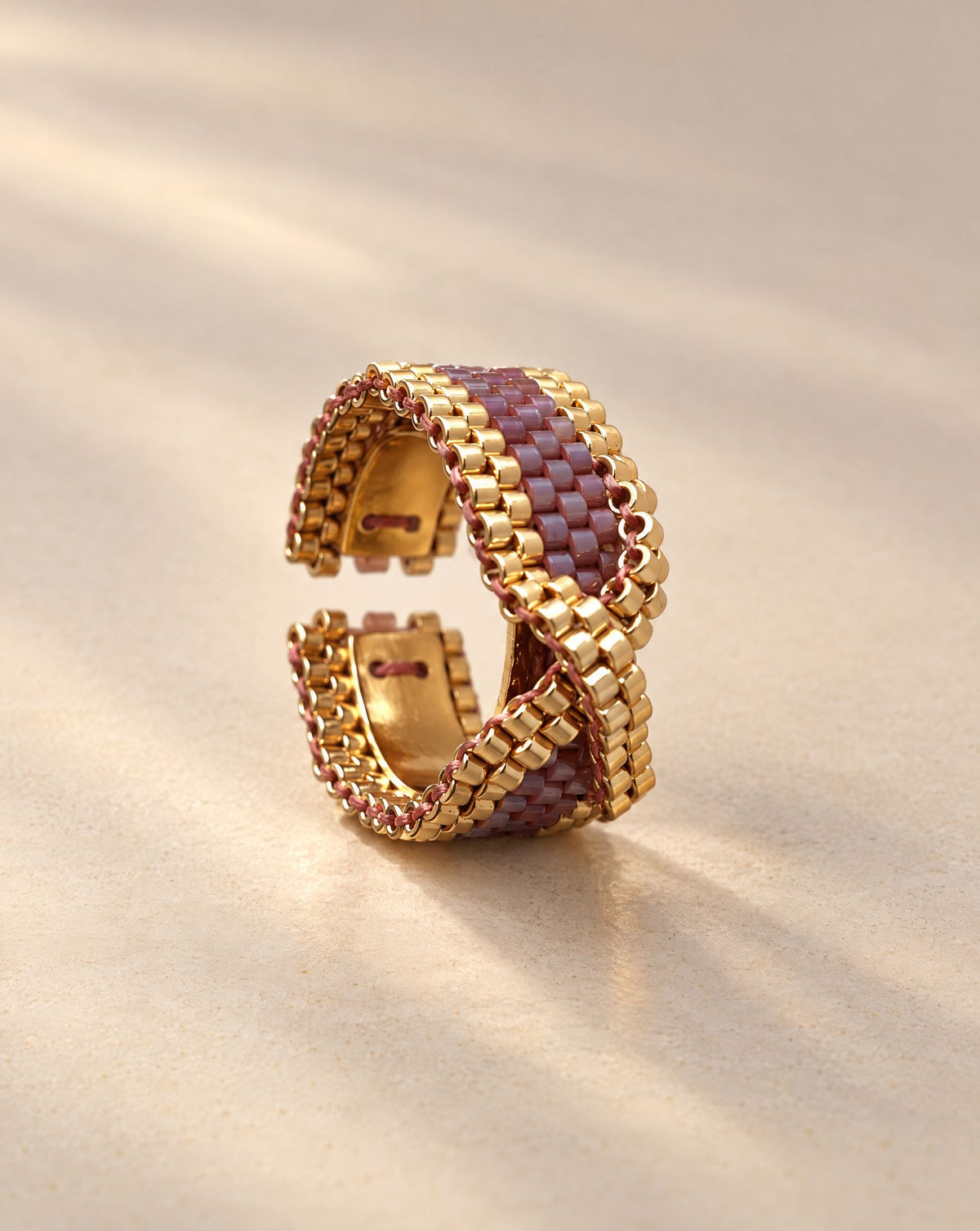 Brizna Violet Ring side view with adjustable gold plated band, minimalist handmade beaded ring by Anne Sidora