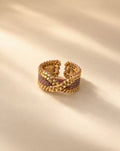 Brizna Violet Ring, handwoven violet Miyuki bead ring with two crossing gold threads, Life's Garden collection by Anne Sidora Poetry Atelier