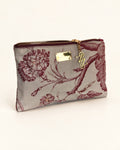 Camelia pouch Burgundy No. 1 by Anne Sidora, toile de Jouy with hand embroidered Miyuki beads