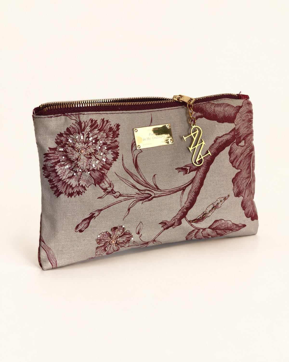 Camelia pouch Burgundy No. 1 by Anne Sidora, toile de Jouy with hand embroidered Miyuki beads