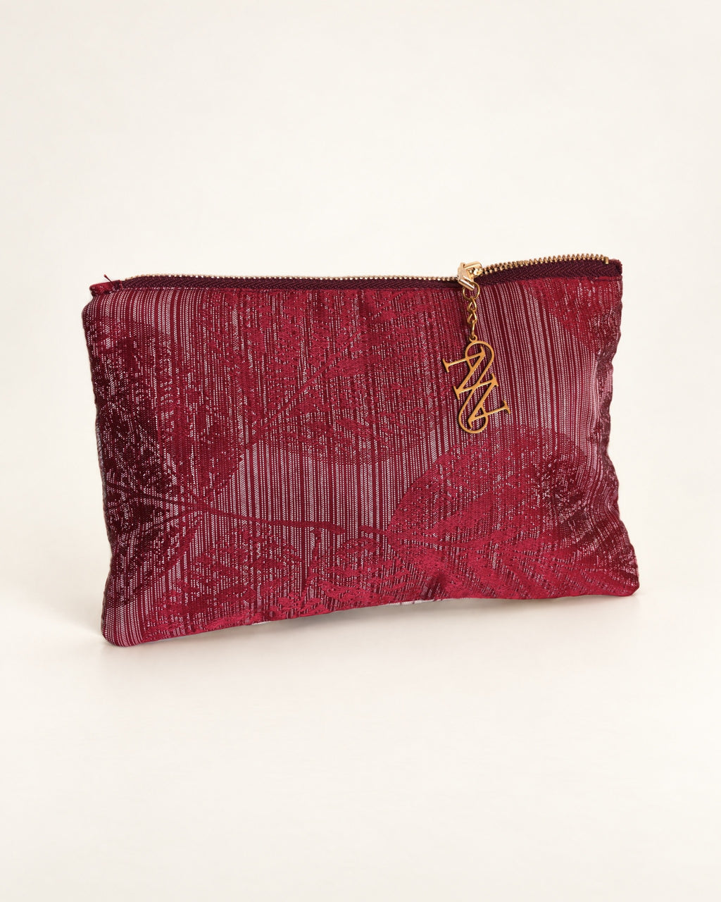 Camelia pouch Burgundy by Anne Sidora, back in leafy burgundy fabric