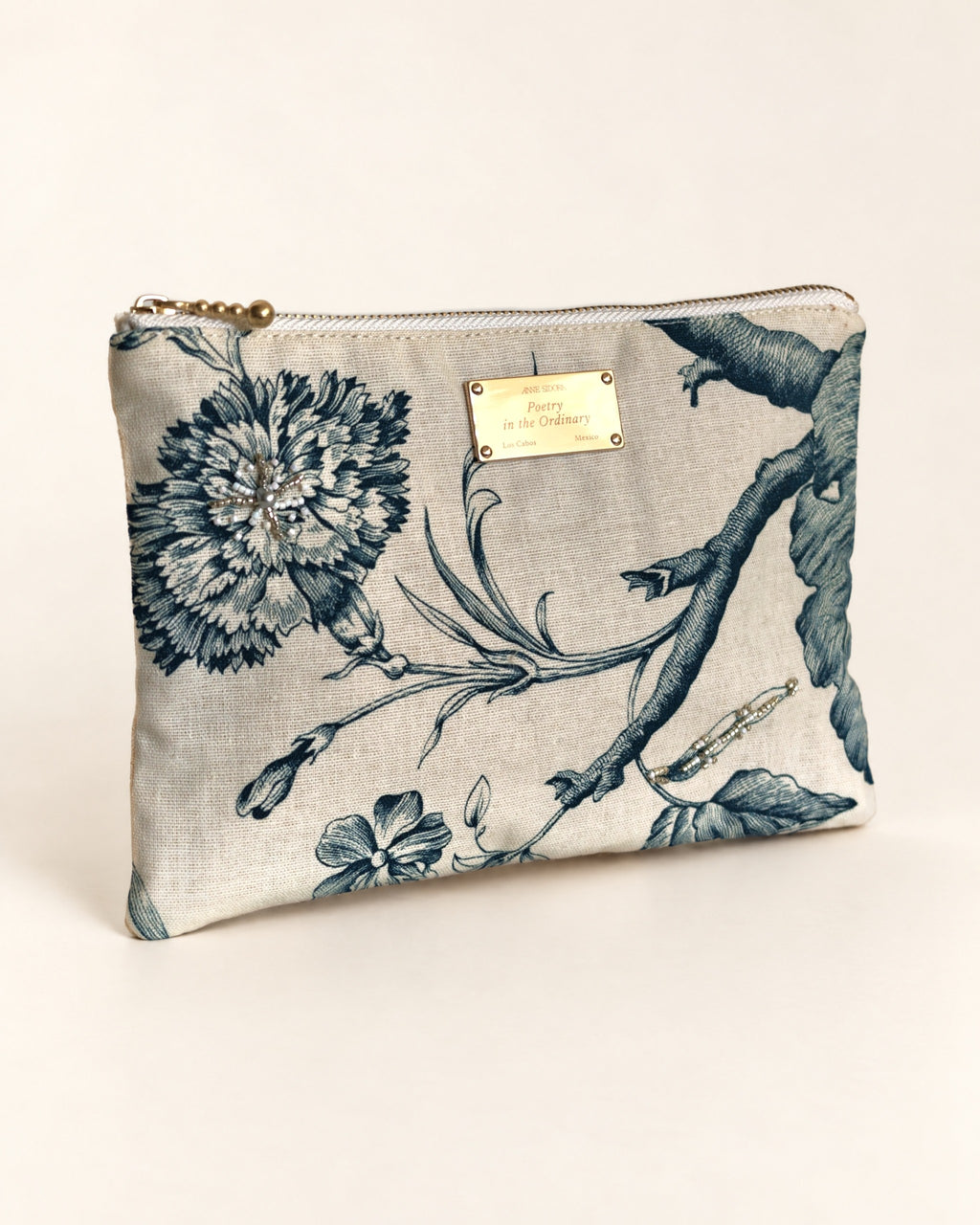Camelia pouch Green No. 1 by Anne Sidora, toile de Jouy with hand embroidered Miyuki beads