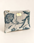 Camelia pouch Green No. 1 by Anne Sidora, toile de Jouy with hand embroidered Miyuki beads