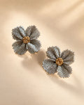 Damiana Gris Earrings, handwoven silver grey Miyuki bead flower studs with gold center by Anne Sidora Poetry Atelier, Los Cabos