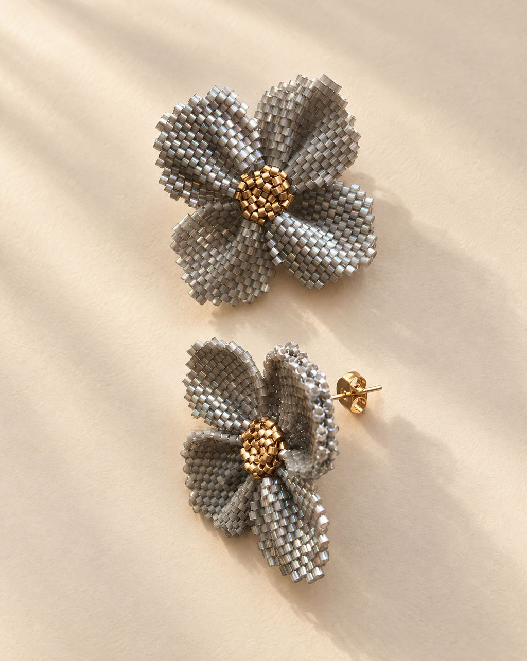 Damiana Gris Earrings upright view, lightweight handmade Miyuki bead statement studs from Baja California