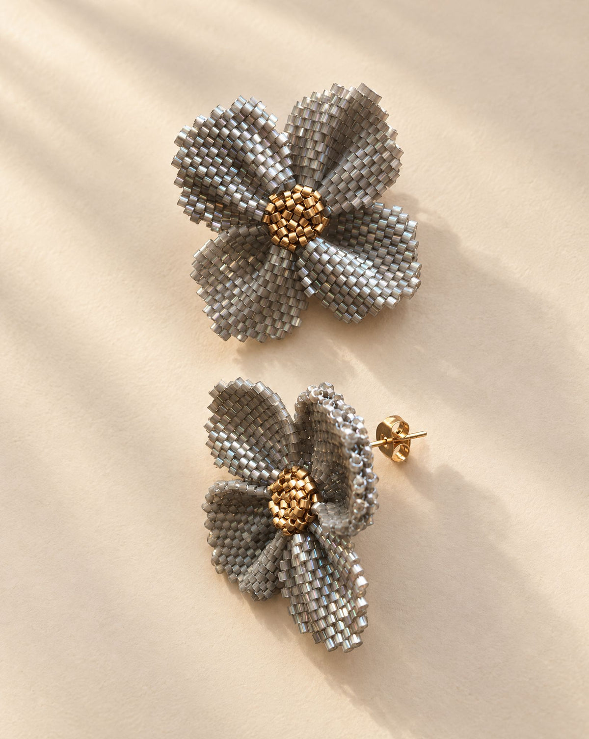 Damiana Gris Earrings upright view, lightweight handmade Miyuki bead statement studs from Baja California