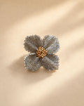 Damiana Gris Ring, handwoven silver grey Miyuki bead flower ring with gold center by Anne Sidora Poetry Atelier, Los Cabos