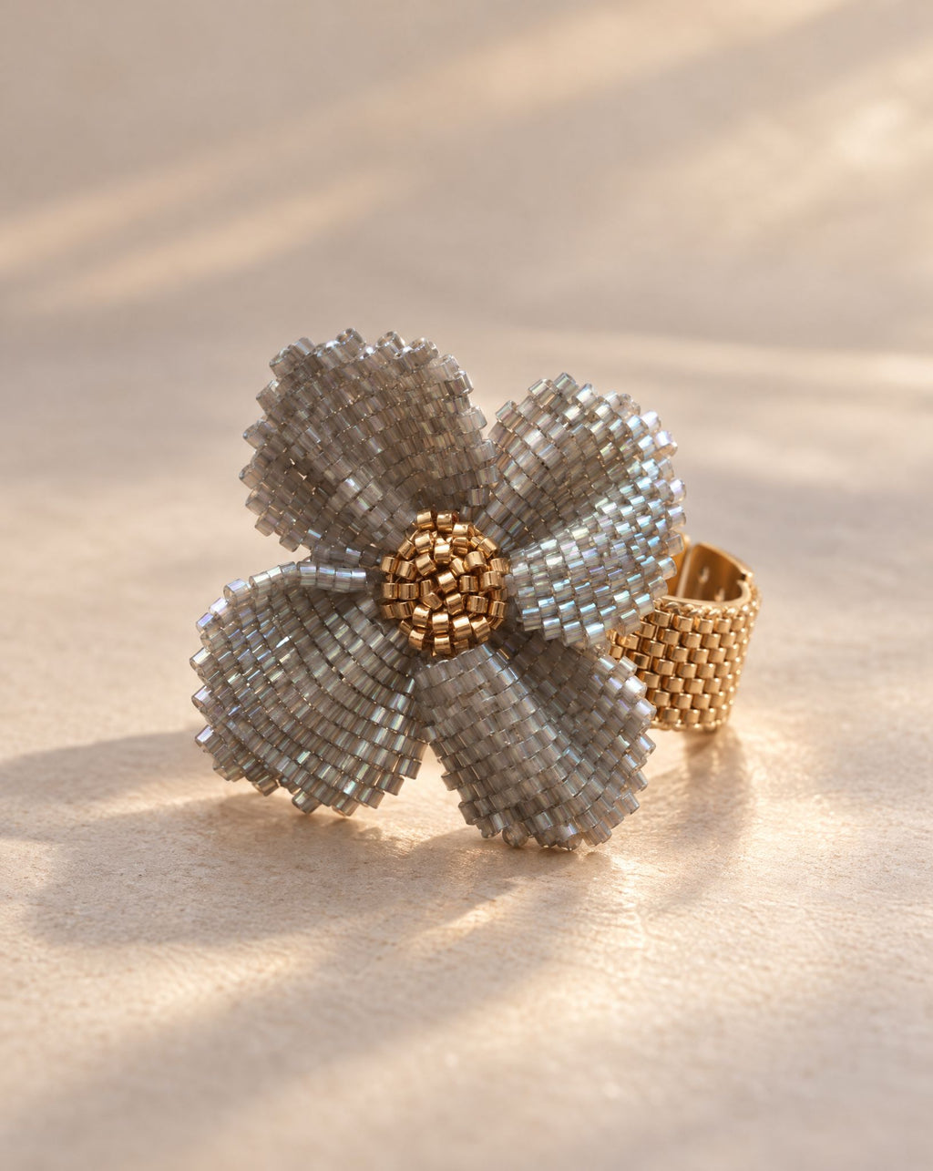 Damiana Gris Ring side view, adjustable gold plated band, handmade Miyuki bead jewelry from Baja California
