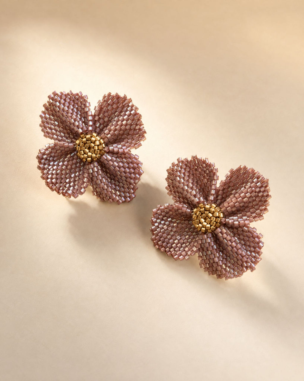 Damiana Violet Earrings, handwoven violet Miyuki bead flower studs with gold center by Anne Sidora Poetry Atelier, Los Cabos