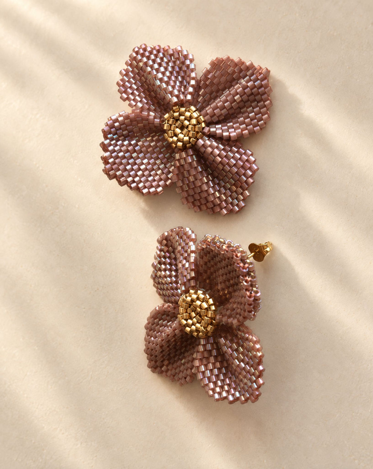 Damiana Violet Earrings upright view, lightweight handmade Miyuki bead statement studs from Baja California