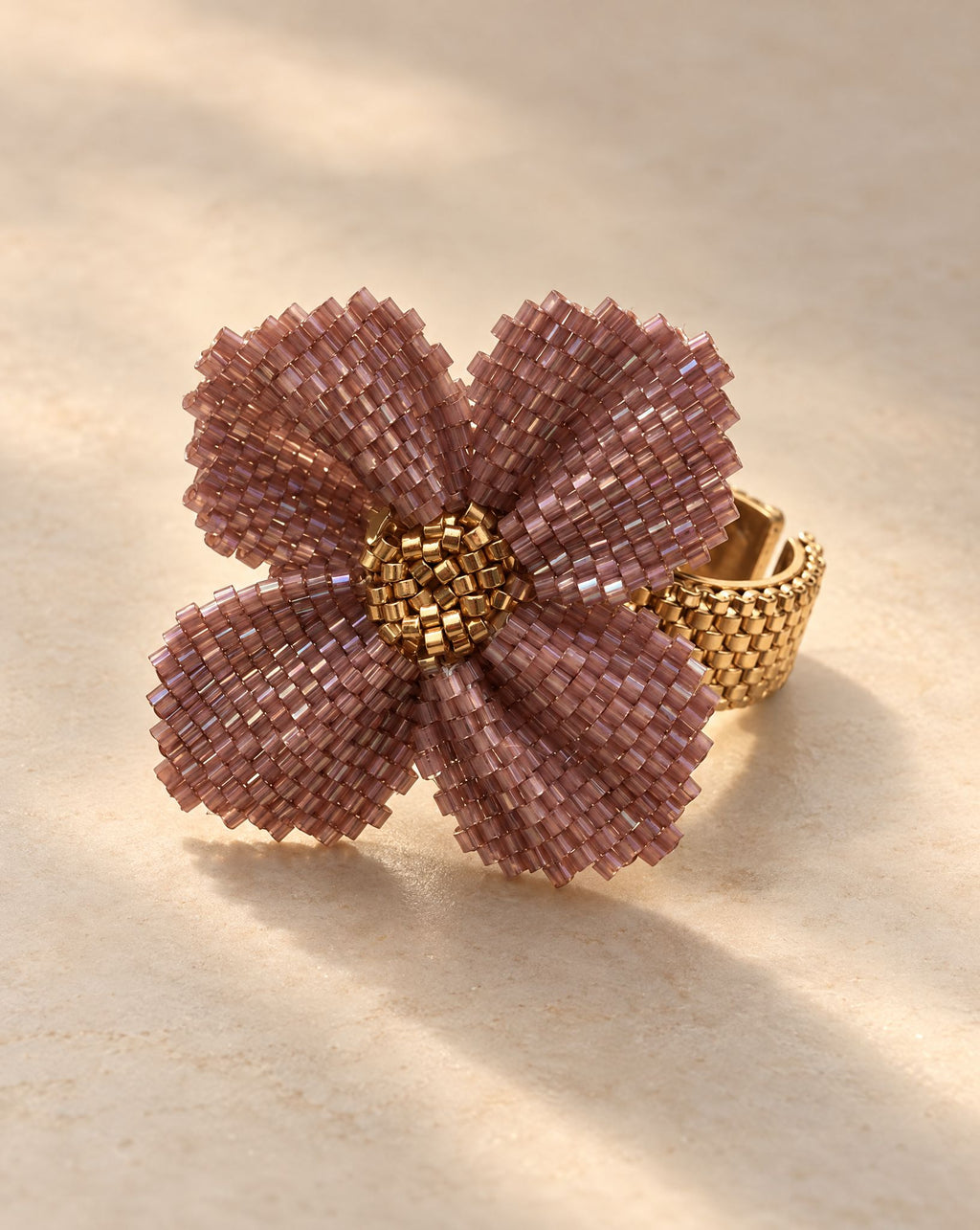 Damiana Violet Ring side view, adjustable gold plated band, handmade Miyuki bead jewelry from Baja California