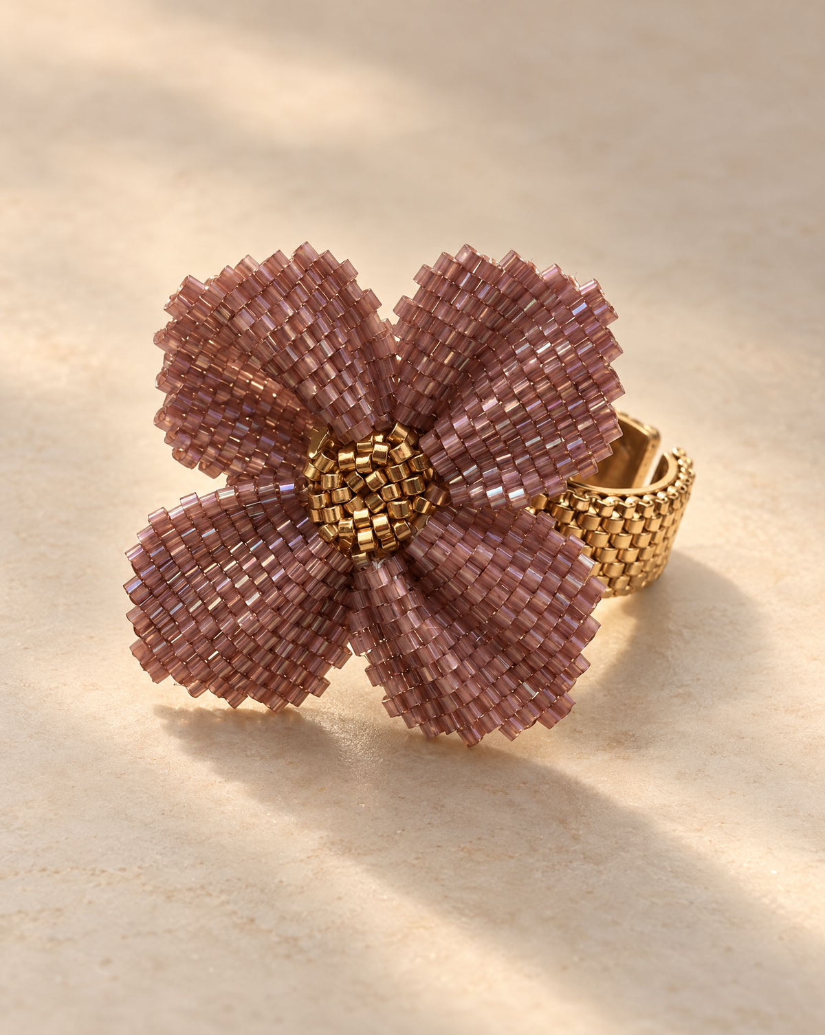 Damiana Violet Ring side view, adjustable gold plated band, handmade Miyuki bead jewelry from Baja California