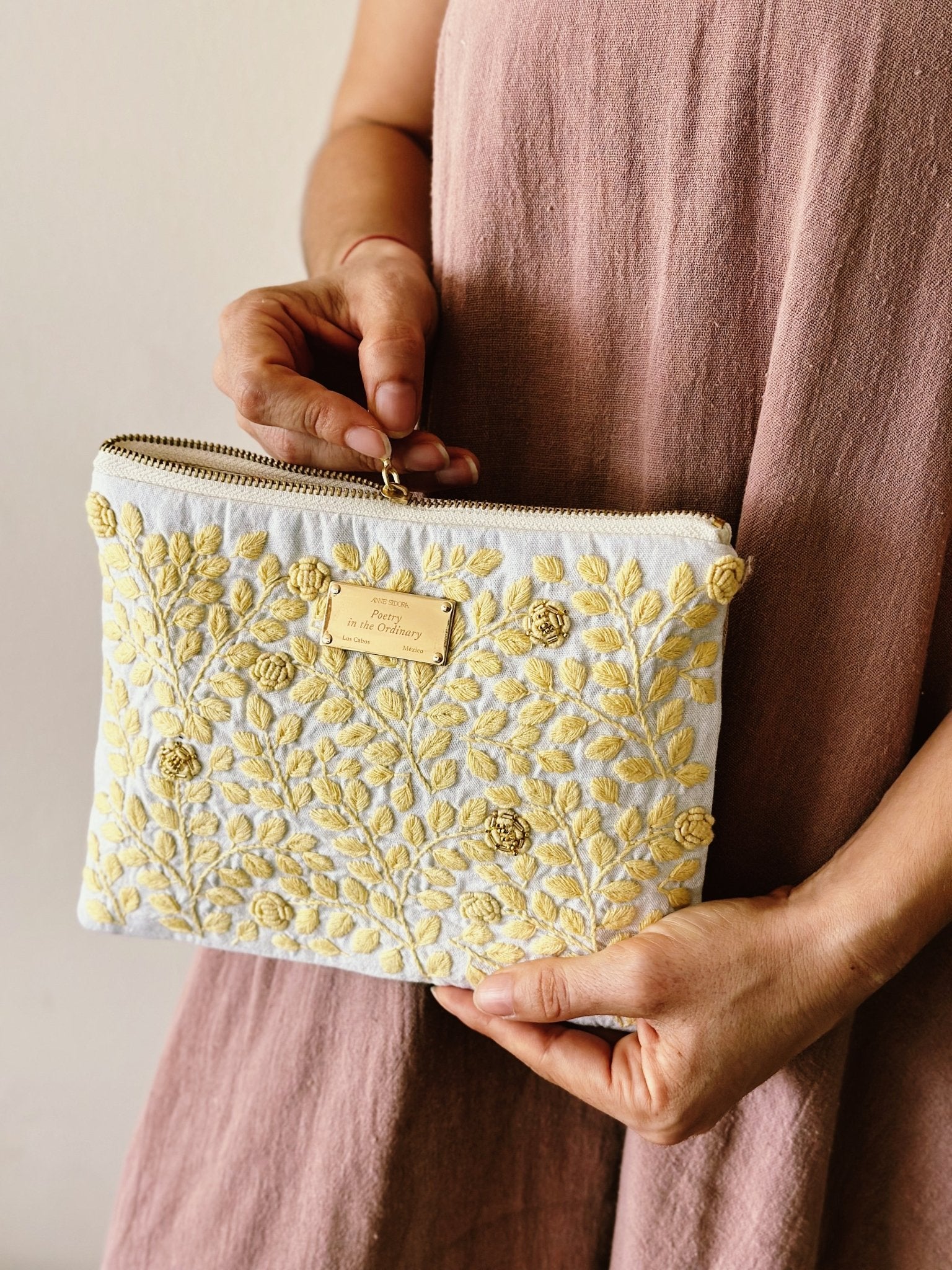 Embroidered Rosa Pouch - Anne Sidora Unique Poetic gift boutique in Los Cabos