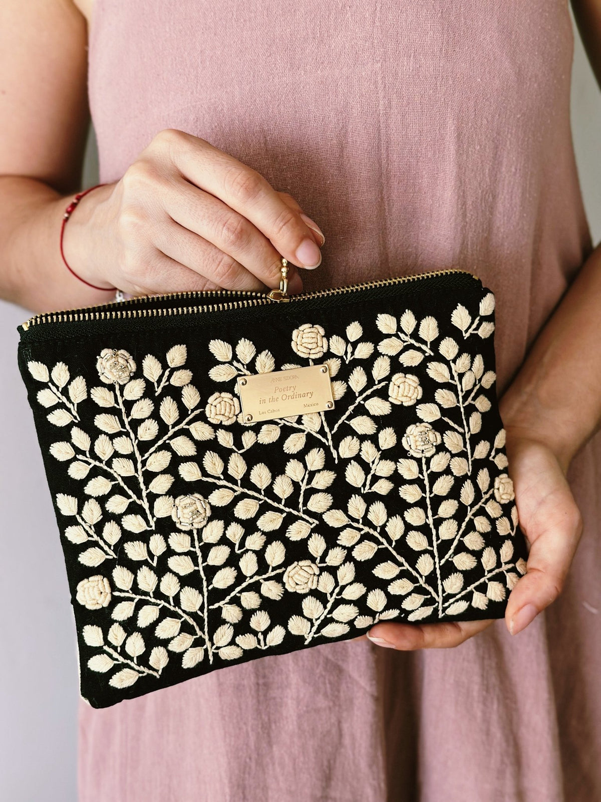 Embroidered Rosa Pouch - Anne Sidora Unique Poetic gift boutique in Los Cabos