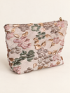 Flor de Sol Pouch back view, pink, sage and gold flowers on ivory