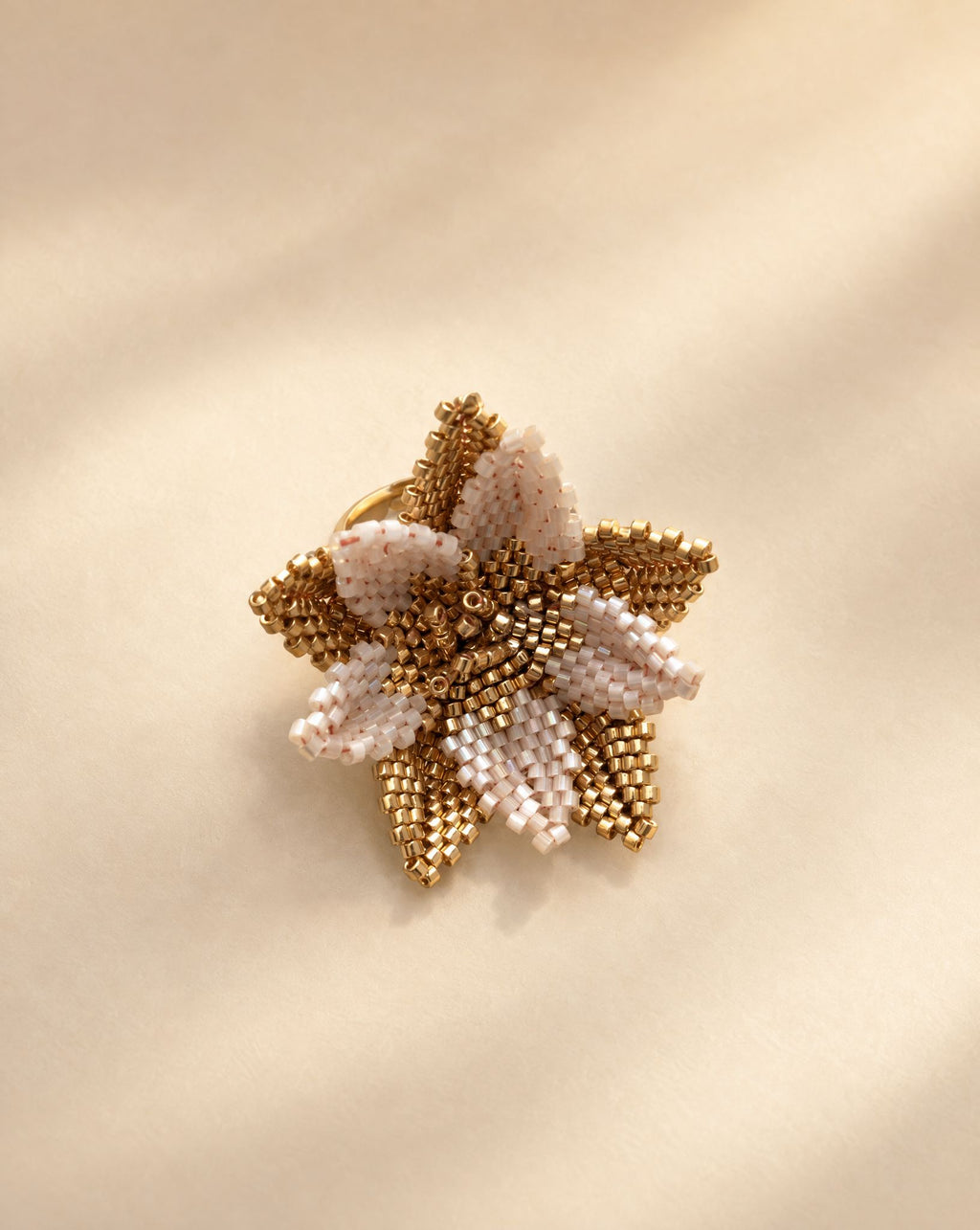 Flor del Alba Beige Ring, handwoven beige and gold Miyuki bead flower ring, Life's Garden collection by Anne Sidora Poetry Atelier