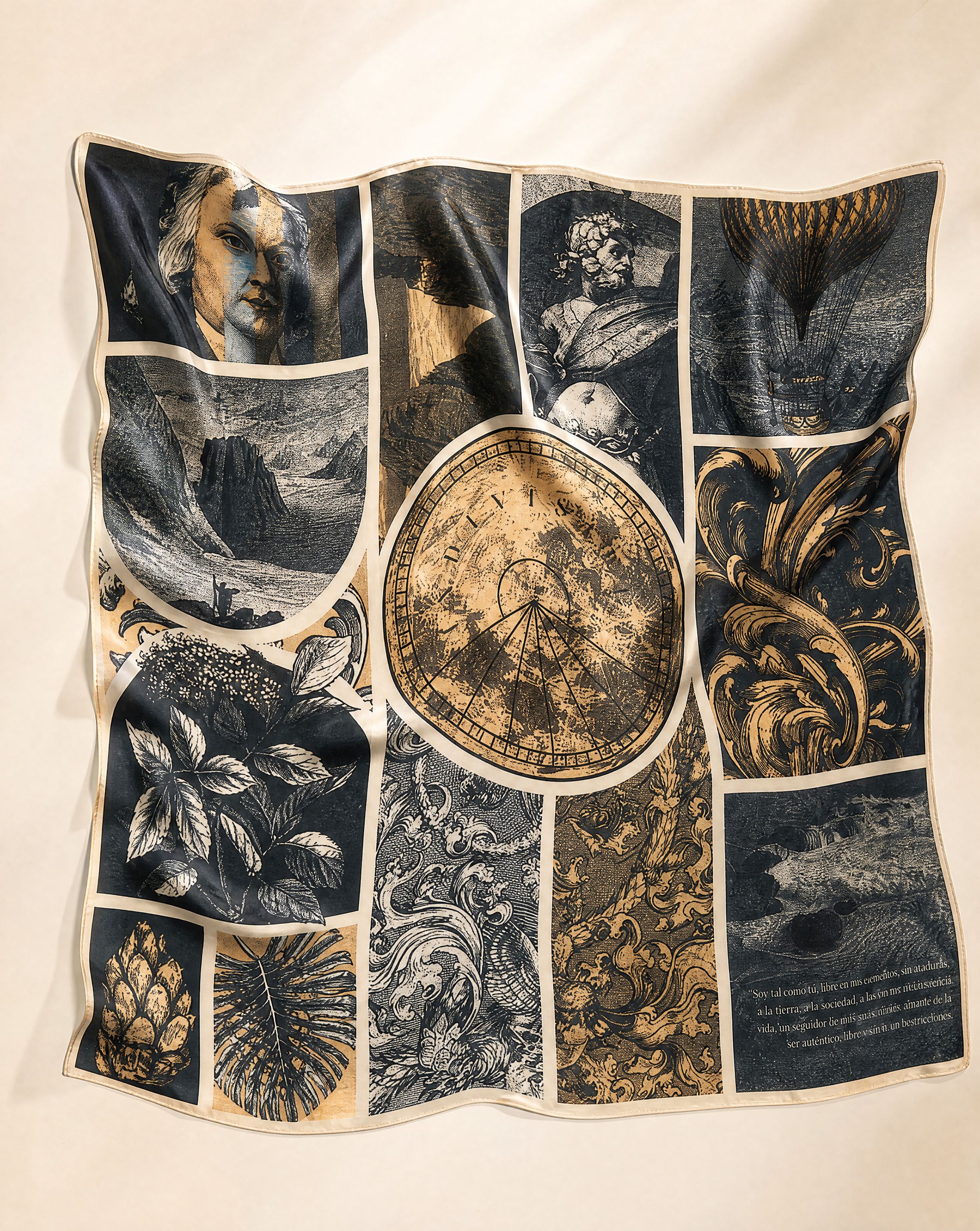 Silk Scarf Conquista - luxury editorial flat lay of full print on warm ivory, Anne Sidora Los Cabos