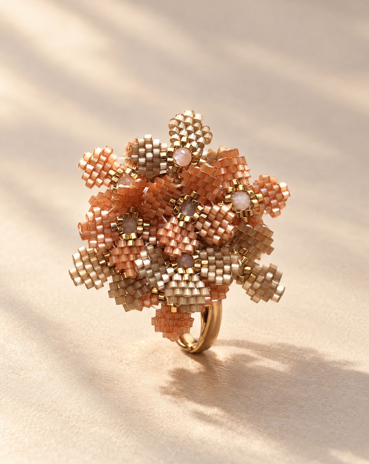 Mil Flores Champagne Ring side view, beaded flower cluster on adjustable gold plated band, handmade by Anne Sidora