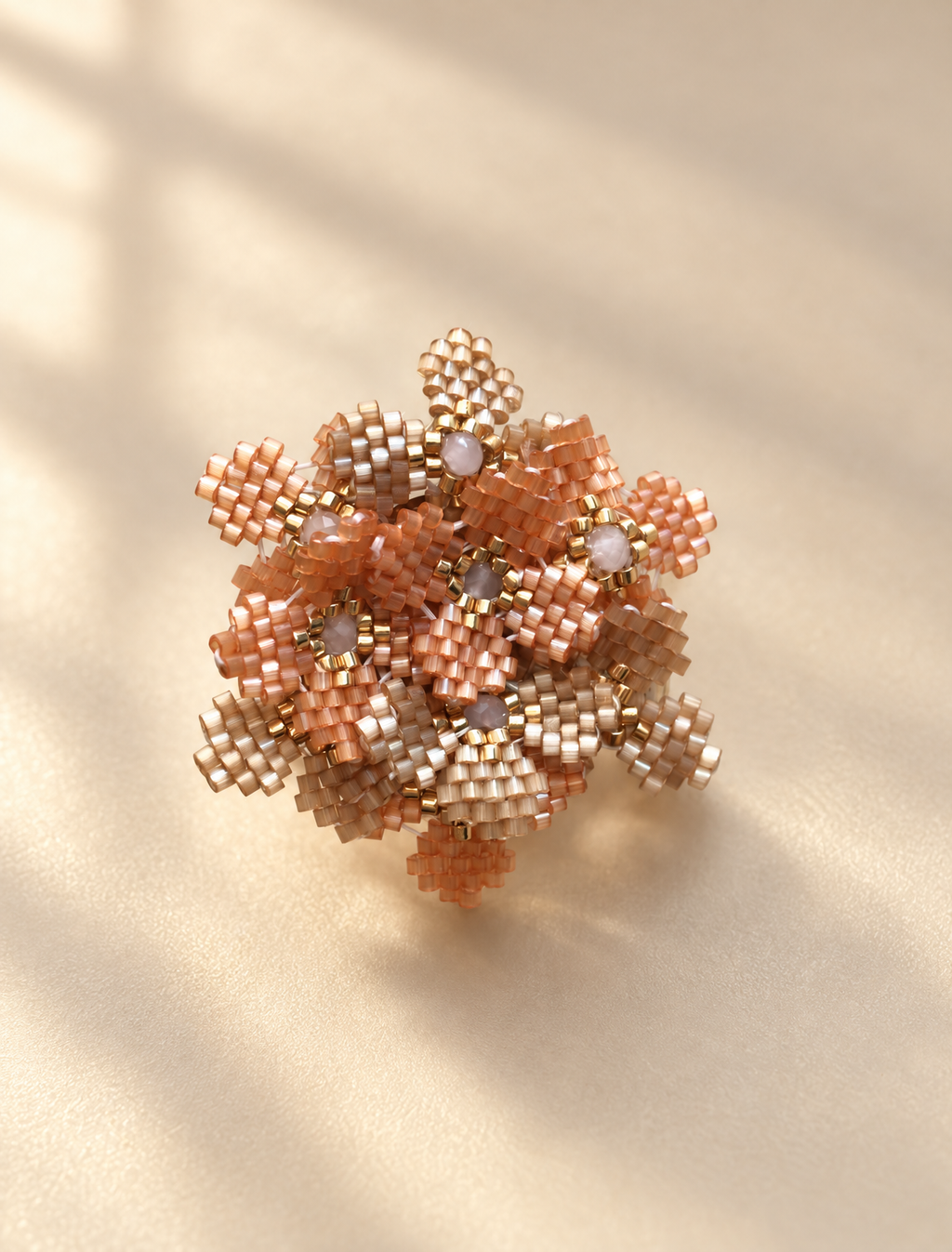 Mil Flores Champagne Ring, cluster of handwoven champagne and gold Miyuki bead flowers, Life's Garden collection by Anne Sidora Poetry Atelier