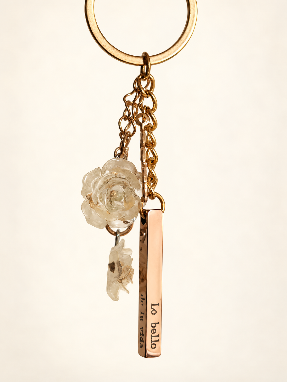 Poesía Keyring hanging, pink gold bar and gold key ring