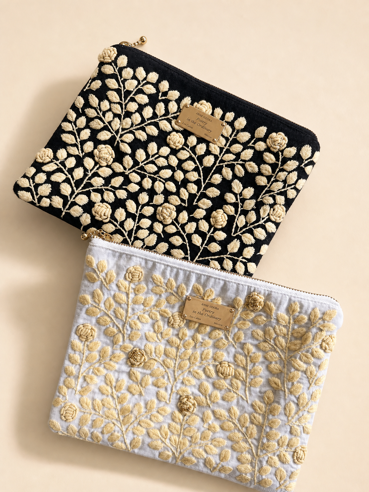 Rosa de Día and Rosa de Noche embroidered pouches by Anne Sidora, handmade in Los Cabos Mexico
